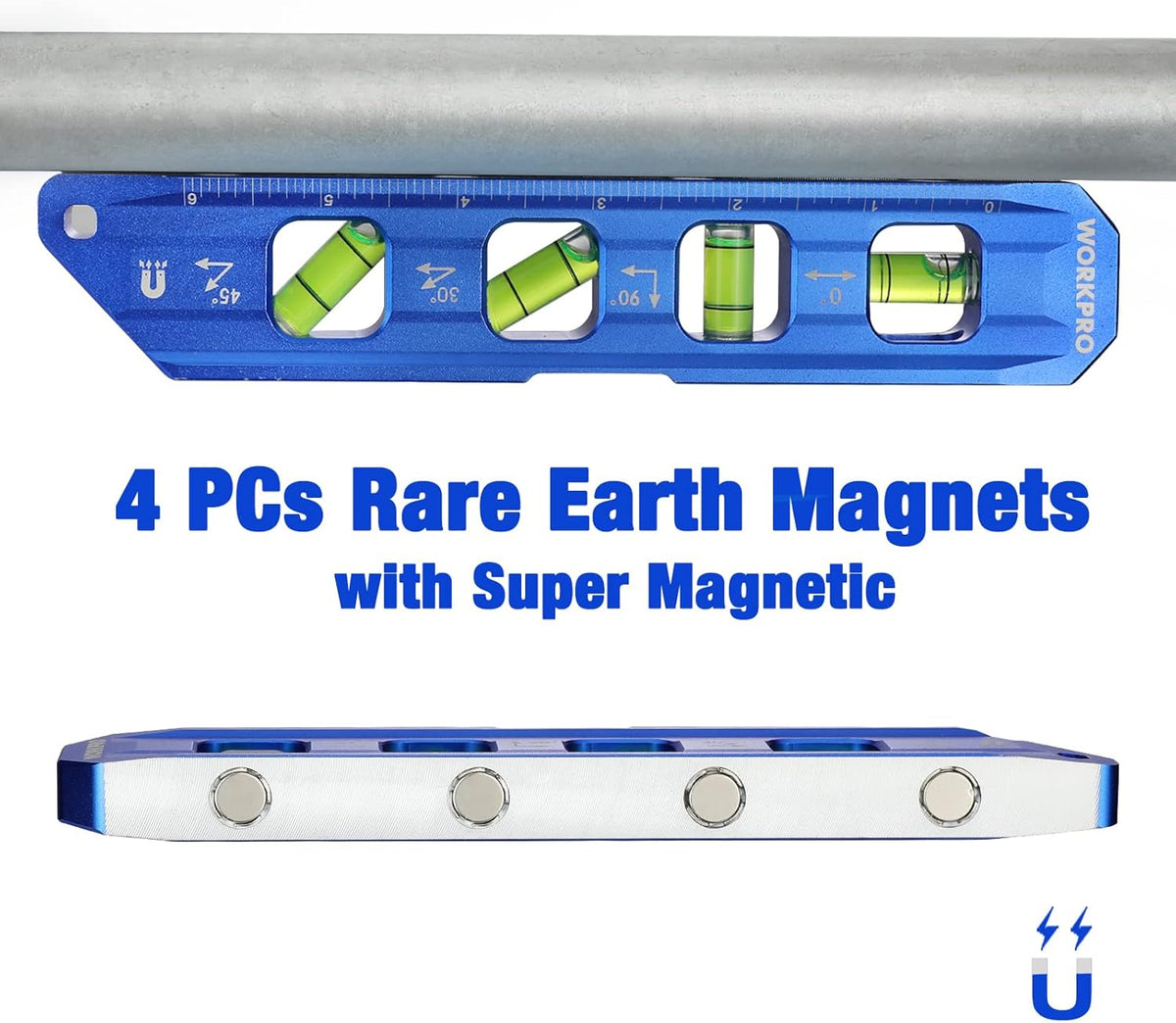 Cobalt blue torpedo level with four green bubble vials and magnetic ends