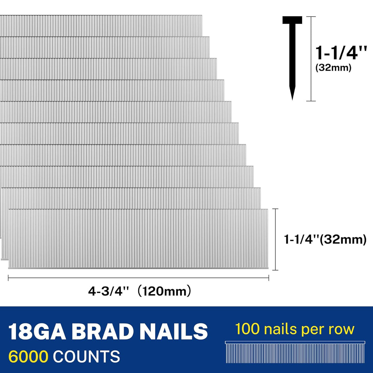 1-1/4 in (32mm) 18 gauge brad nails laid in stacked rows, light gray metal