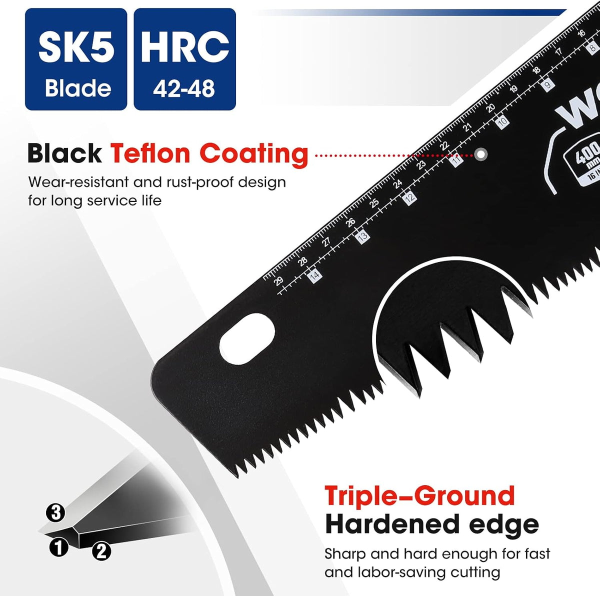 Workpro universal handsaw in black with SK5 carbon steel blade, triple-ground teeth, and for cutting wood