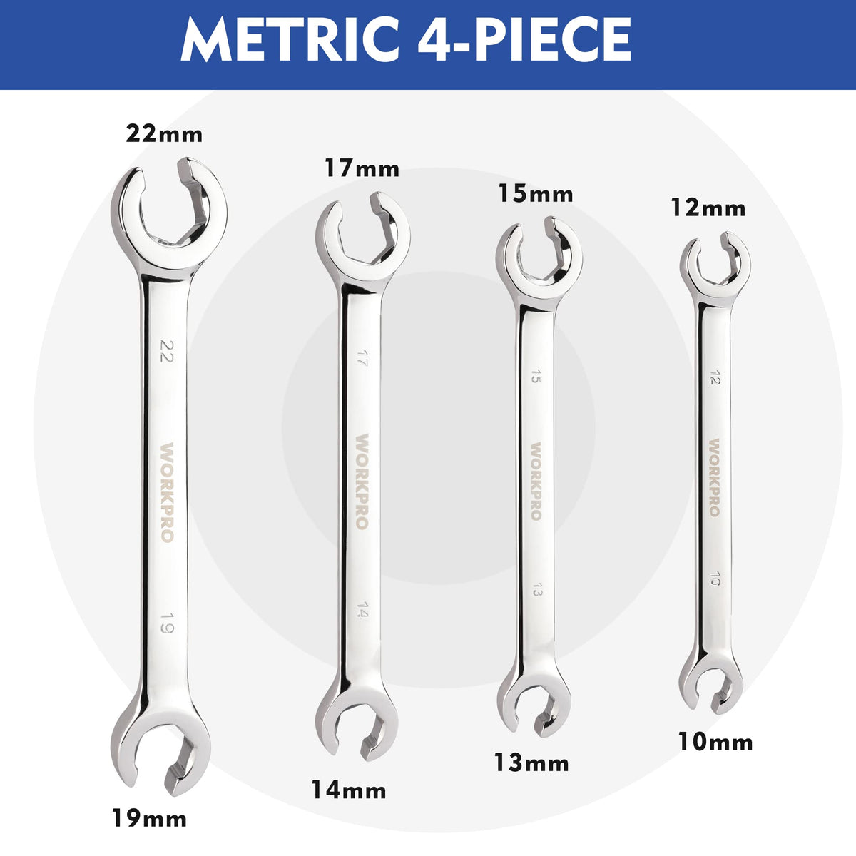 Four chrome metric flare nut wrenches labeled 22, 19, 17, 15, 14, 13, 12, 10 mm