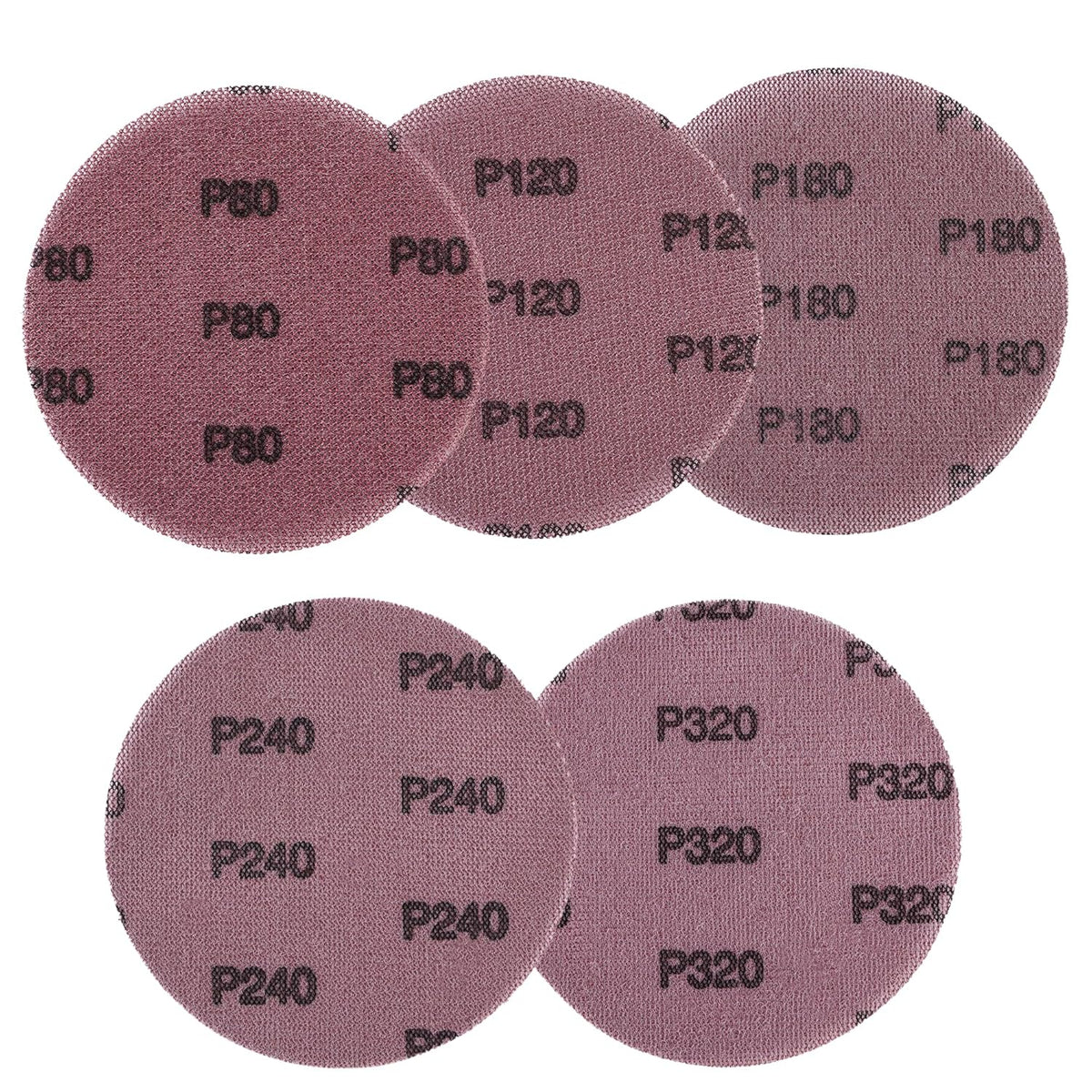Hook-and-loop sanding discs, purple-brown, with printed grit numbers (P80–P320)