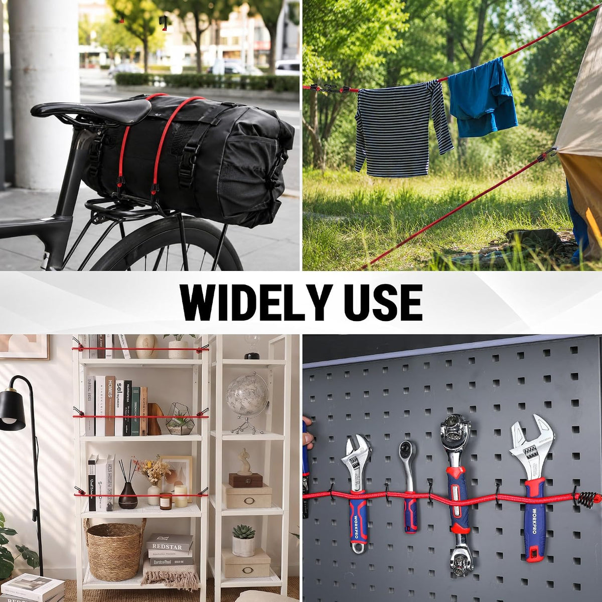 Workpro 24 inch bungee cords with hooks in red, with reinforced spiral construction for securing cargo.