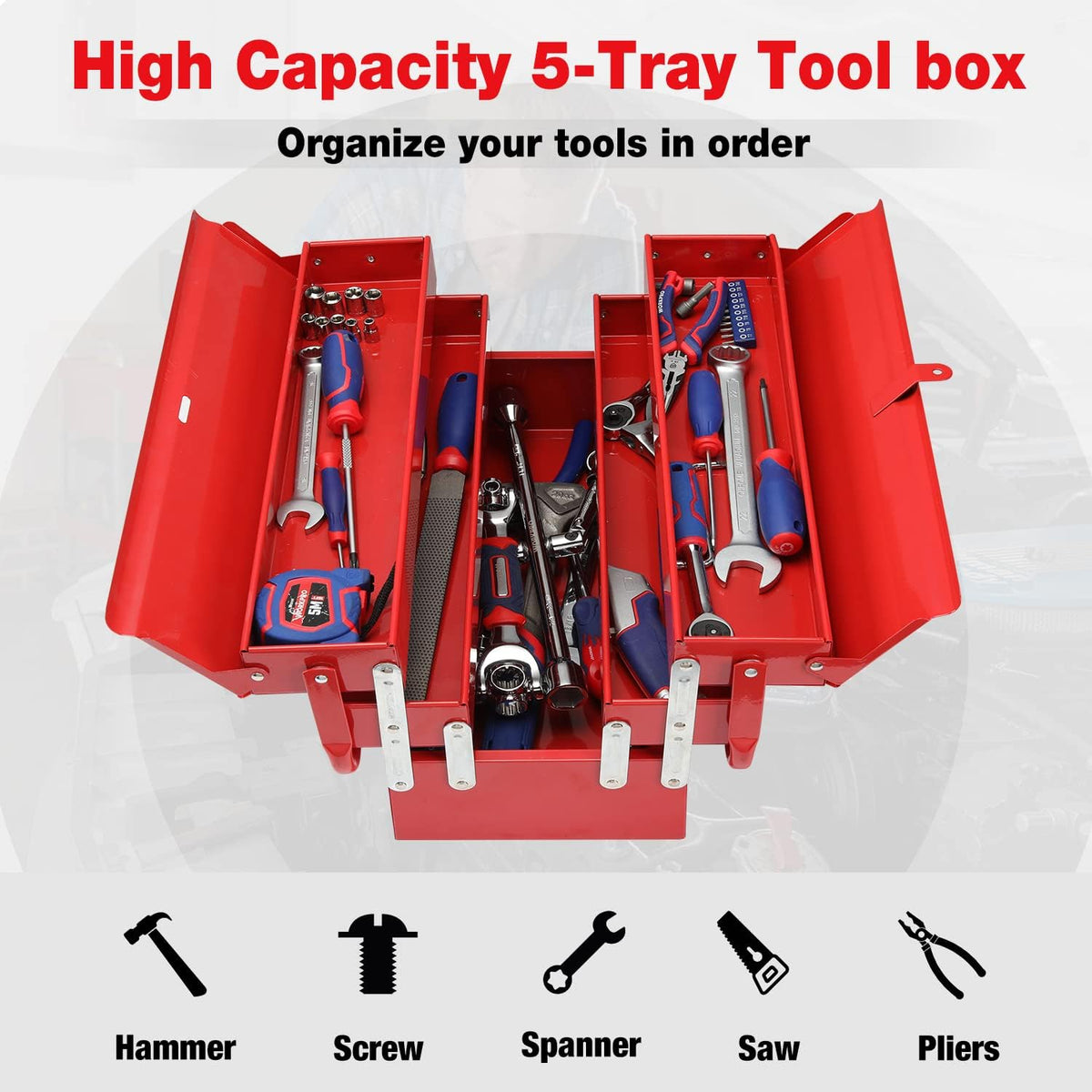 Workpro metal tool box in red with carbon steel construction and visible hand tools for workshop storage