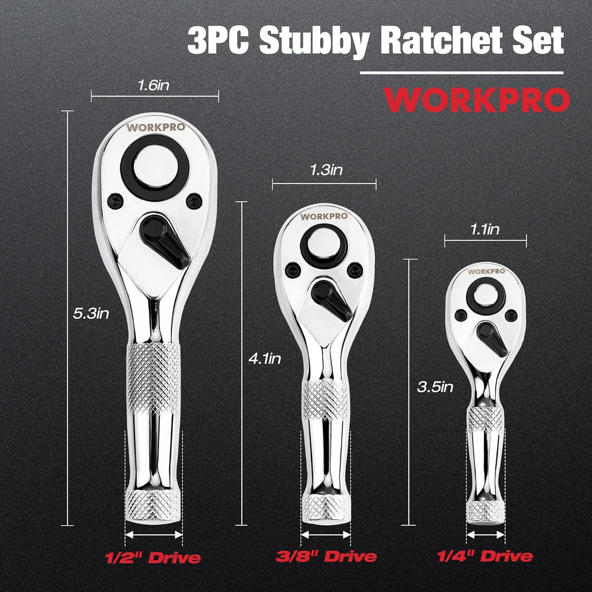 3-piece stubby ratchet set with chrome polished heads and knurled handles, 72-tooth