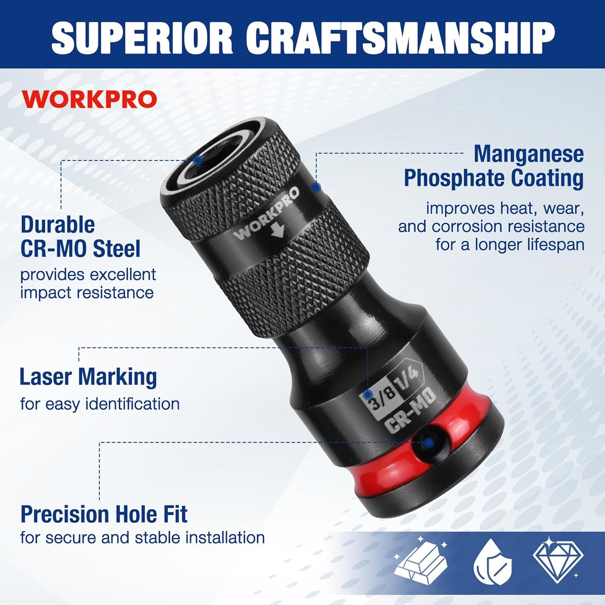 CR-MO steel quick-release hex impact adapter, textured black grip with red collar