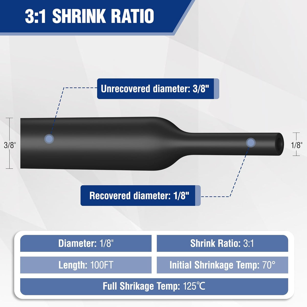 Black heat shrink tubing diagram showing 3/8 in unrecovered and 1/8 in recovered diameter.