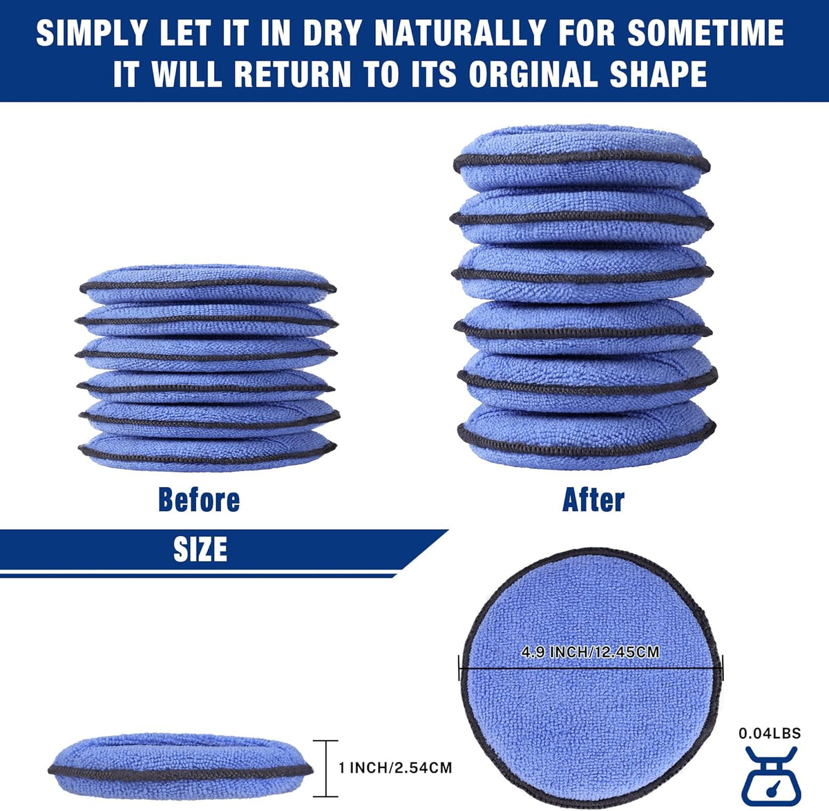 Stack of blue microfiber applicator pads with oval shape and size measurement circle.