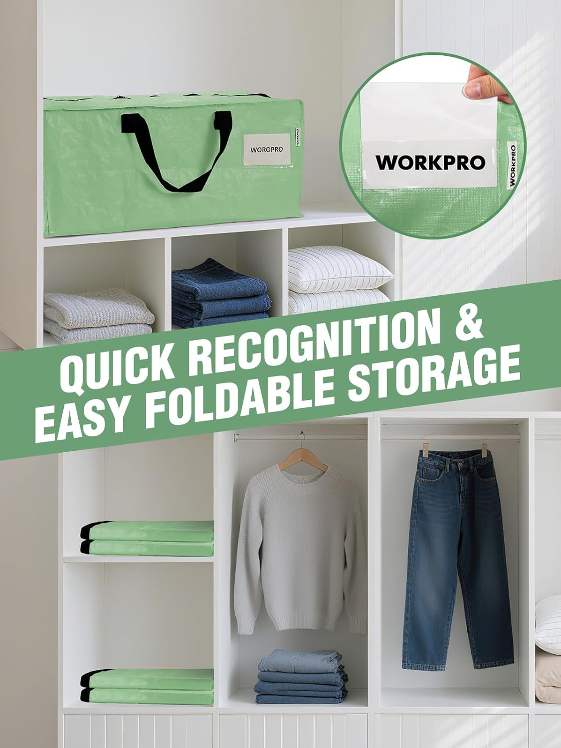 Green foldable storage tote with black handles, shown on shelving with packed items
