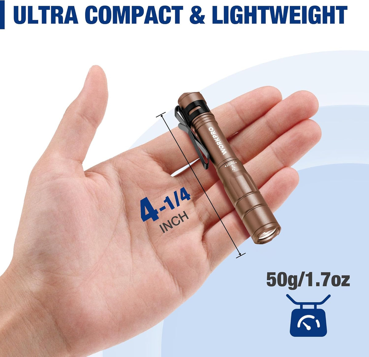 Brown mini pen light held in hand, compact flashlight with pocket clip
