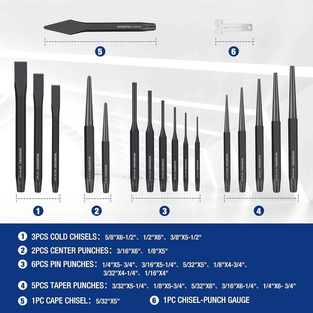 Heavy-duty punch and chisel set with assorted steel punches and blue accents, grouped.