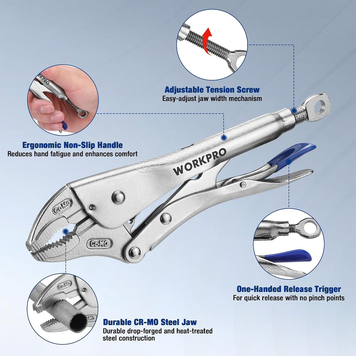 Workpro 10 inch curved jaw locking pliers with screw extractor, silver tool with ergonomic non-slip handle and one-handed