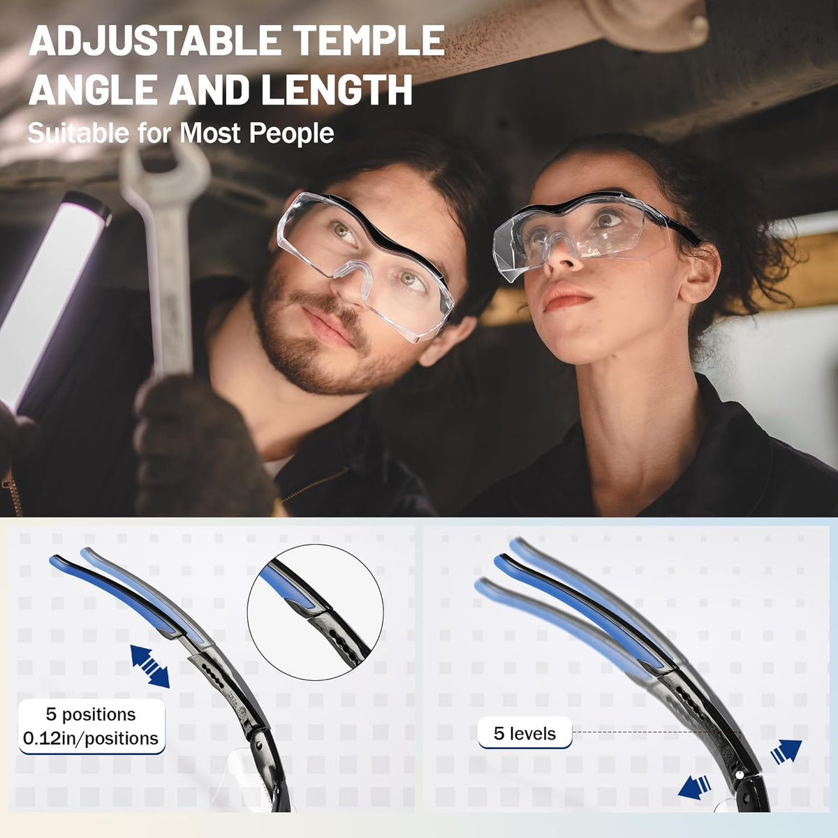 Adjustable safety goggles with black frame and blue temple tips for angled fit