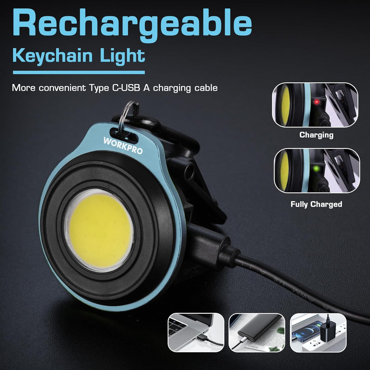 WORKPRO rechargeable keychain flashlight, teal and black body with USB charging cable