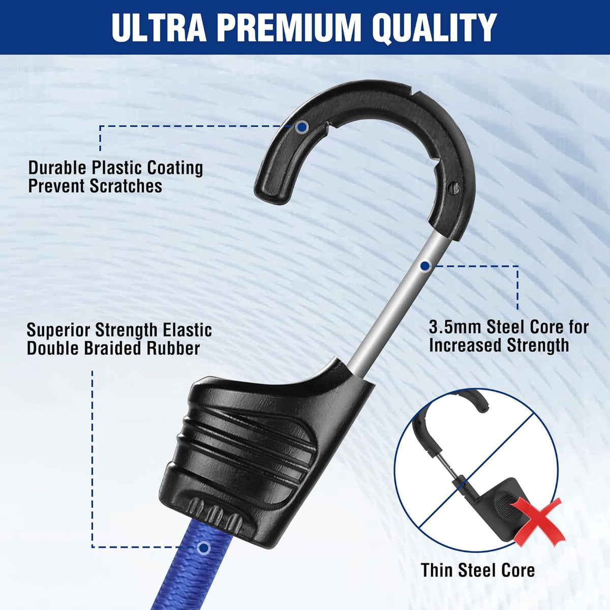 Bungee cord with metal hook and black plastic coating, showing reinforced elastic loop