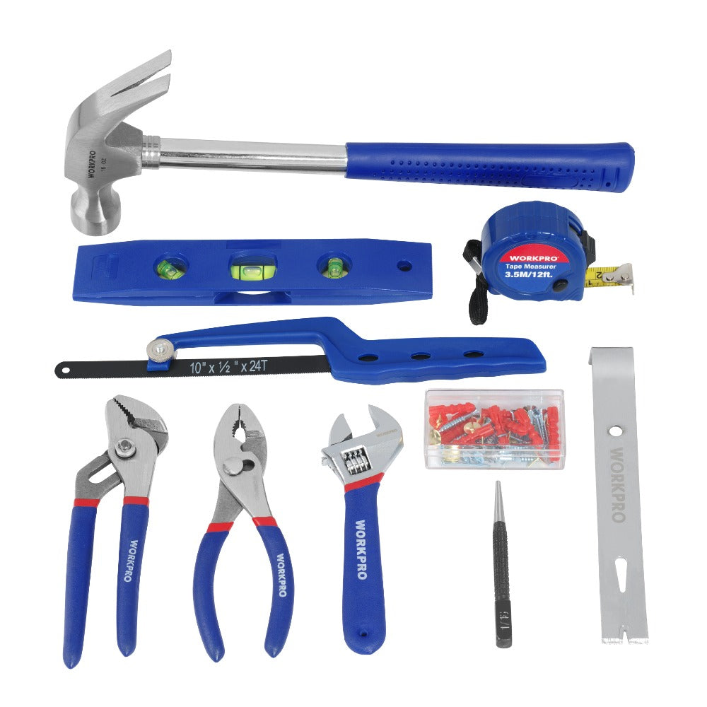 Hand tools set with blue claw hammer, level, tape measure, pliers, utility knife