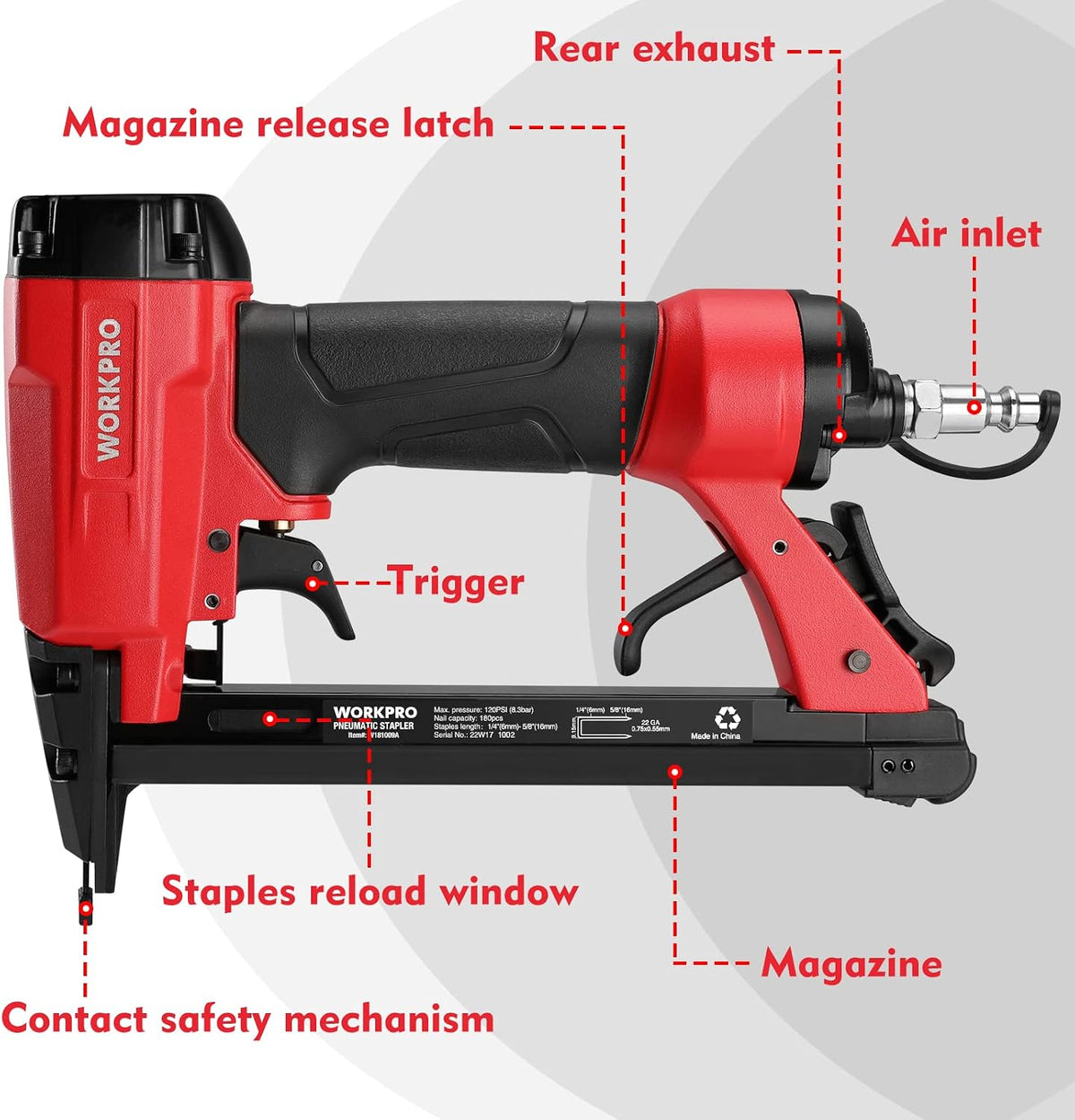 WORKPRO Pneumatic 22 Gauge Staple Gun in red and black with rear exhaust, durable quality and innovation