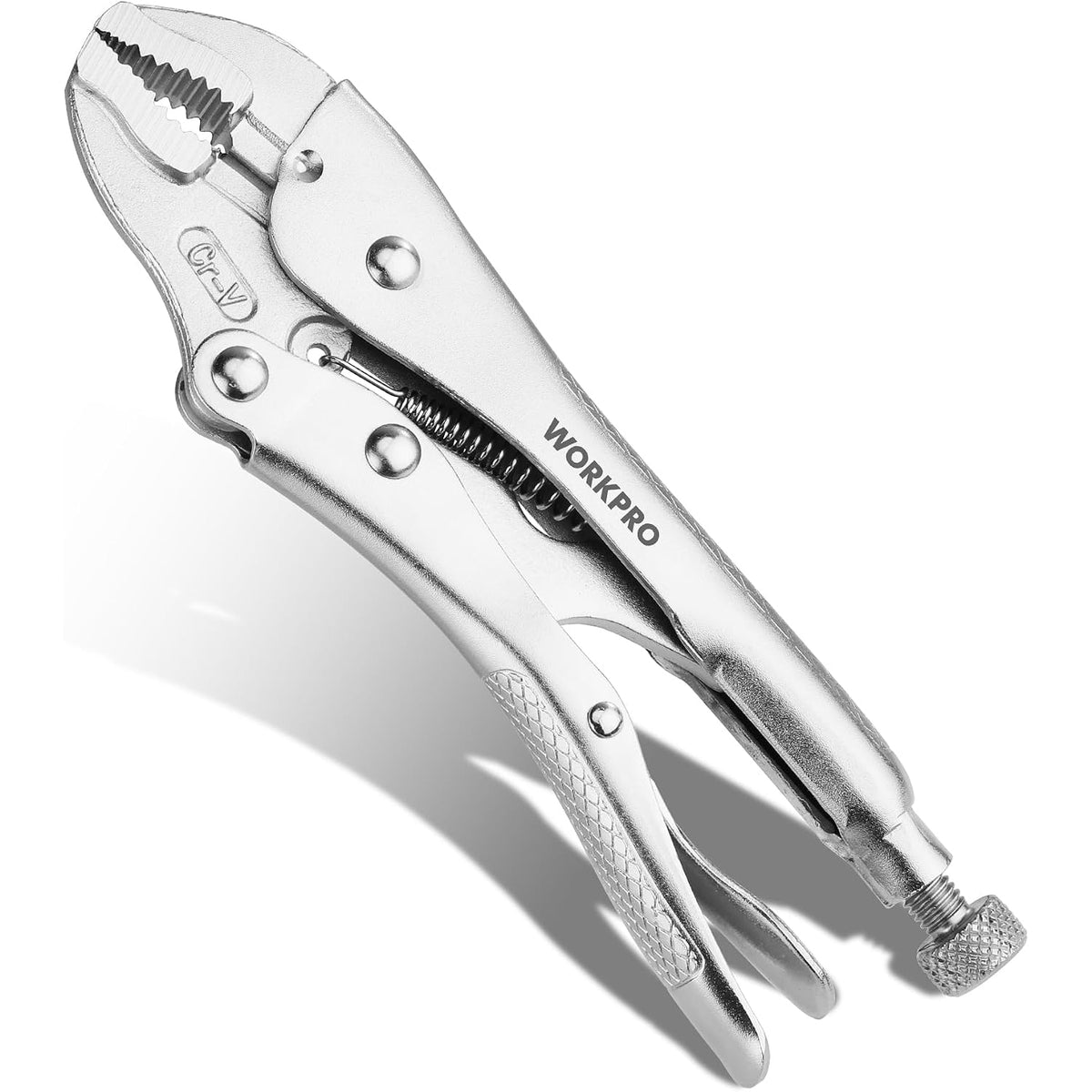 Workpro 7 inch curved jaw locking pliers in a silver finish with a one handed release trigger
