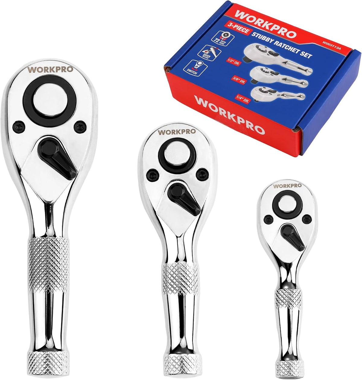 Chrome mini stubby ratchet handle set (3 pieces) with reversible quick-release