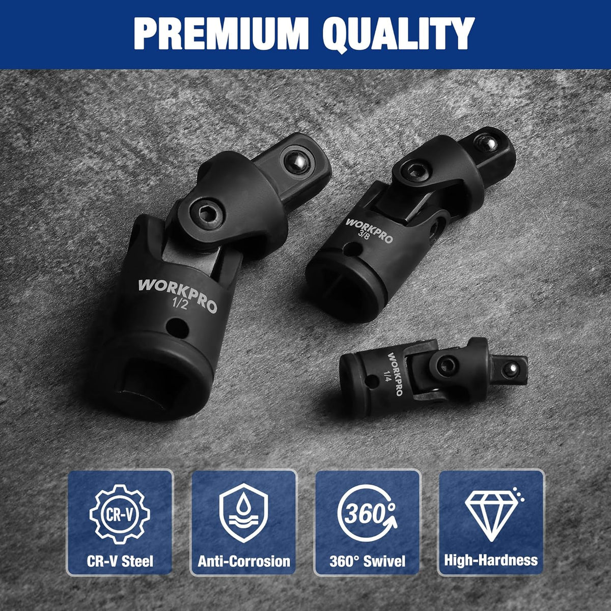Three-piece black CR-V steel universal joint sockets with 360° swivel design