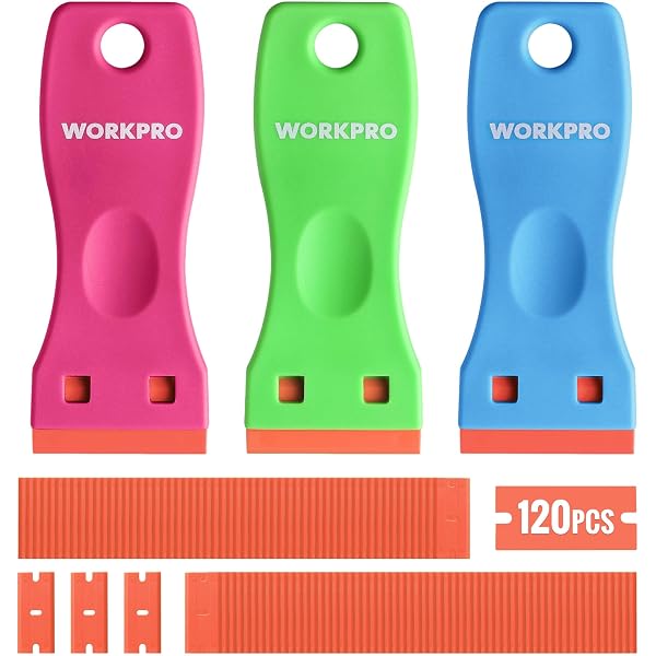 Plastic razor blade scraper handles set in pink, green, and blue with blade holders
