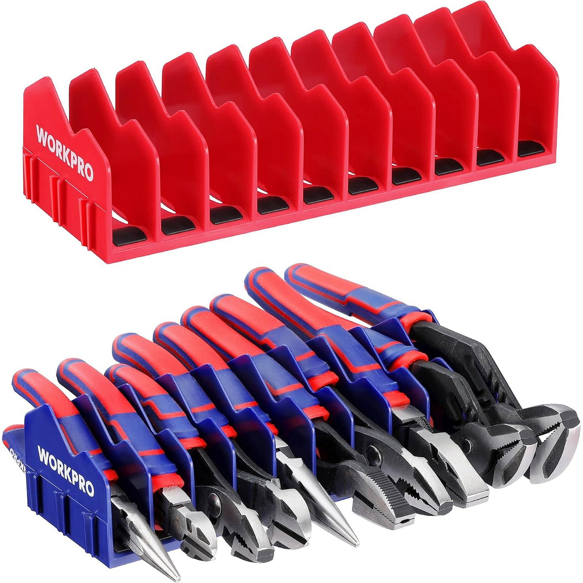 WORKPRO 2-Pack Plier Organizer Rack red and blue plastic tool storage with non-slip rubber base