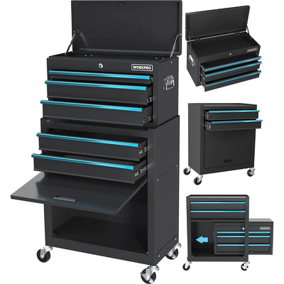 WORKPRO 5-Drawer Rolling Tool Chest in black with blue sliding drawers, innovation quality and secure storage