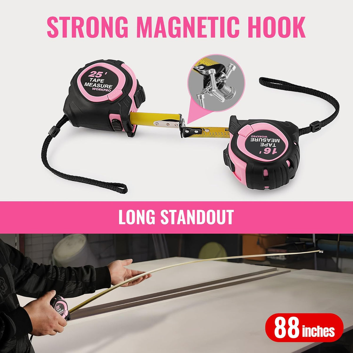Pink and black tape measure with strong magnetic hook and retractable blade