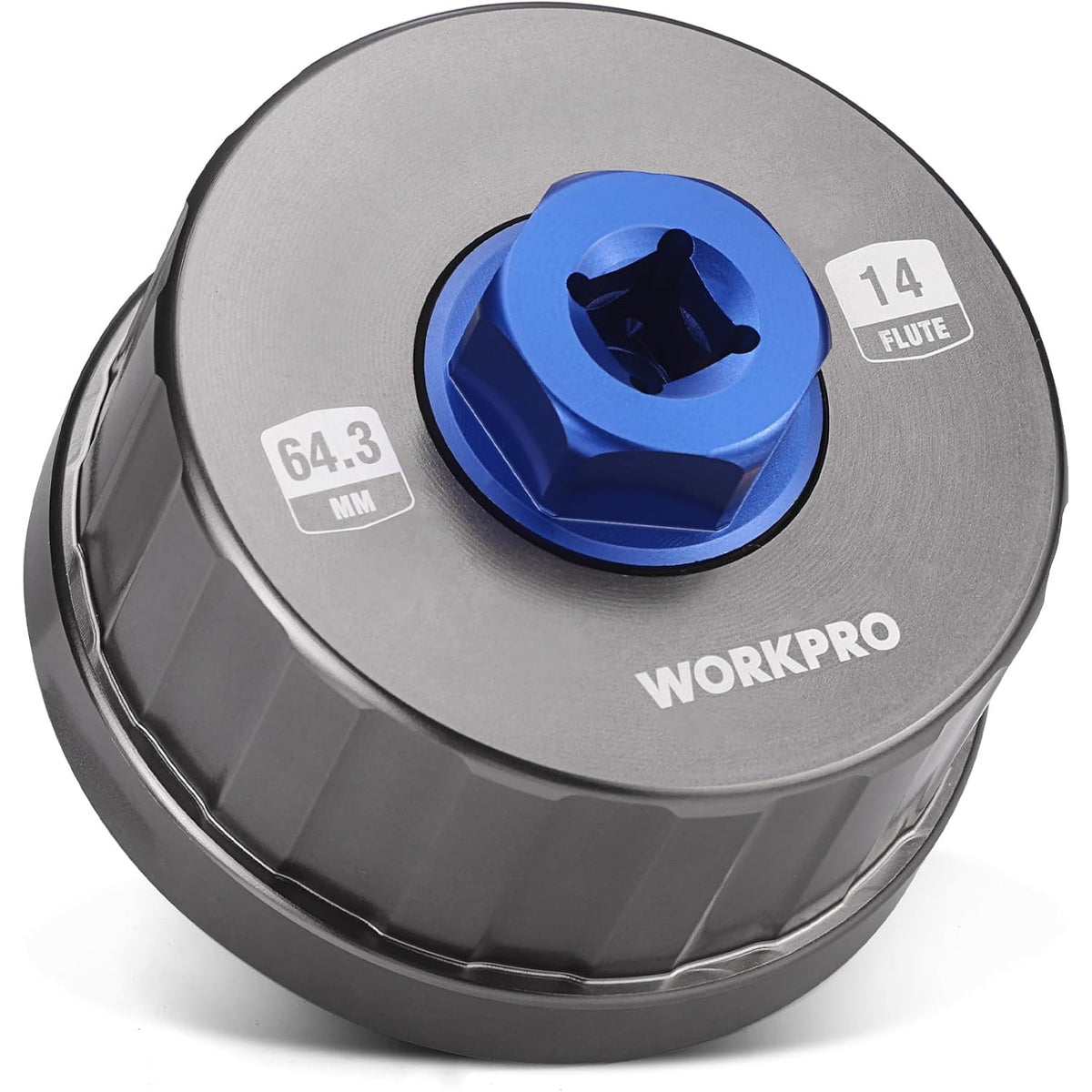 64mm oil filter wrench head with blue square drive insert, 14-flute aluminum body