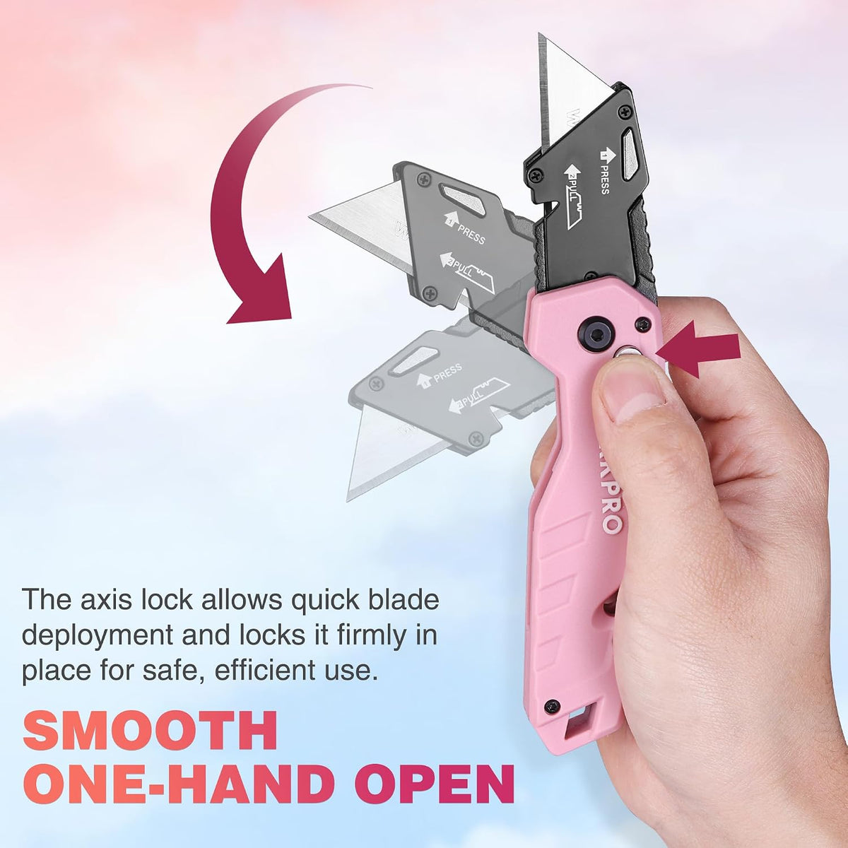 WORKPRO Folding Utility Knife with 10 Extra Blades in pink with secure button lock and durable quality