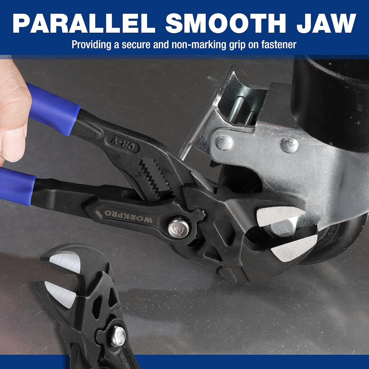 Parallel smooth jaw plier wrench clamping a fastener; black head, blue grips