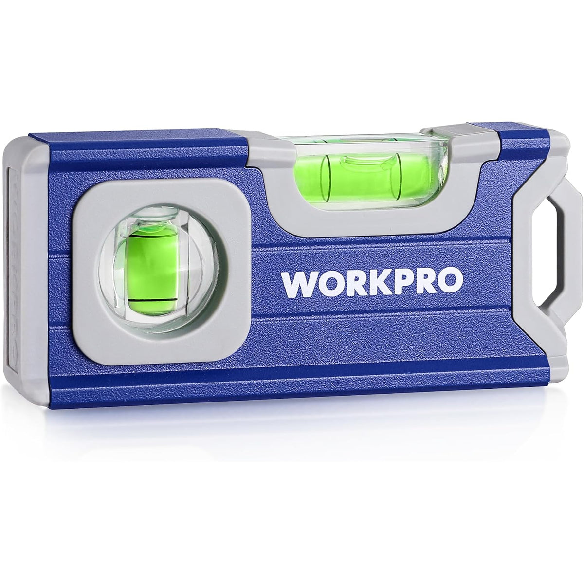 Cobalt blue mini magnetic pocket level with two green vials and white handle grips.