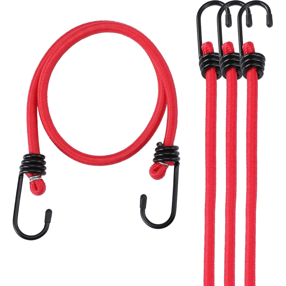Four-pack of red bungee cords with black hooks and coiled rubber stretch sections.