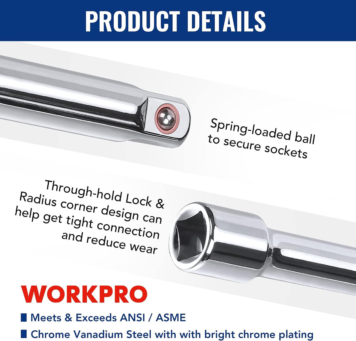 WORKPRO 19-Piece Drive Socket Extensions Set, Includes Socket Adapters, Extensions, Universal Joints and Sliding Bar T-handle Wrench, 1/4" 3/8” & 1/2” Drive, Premium Chrome Vanadium Steel