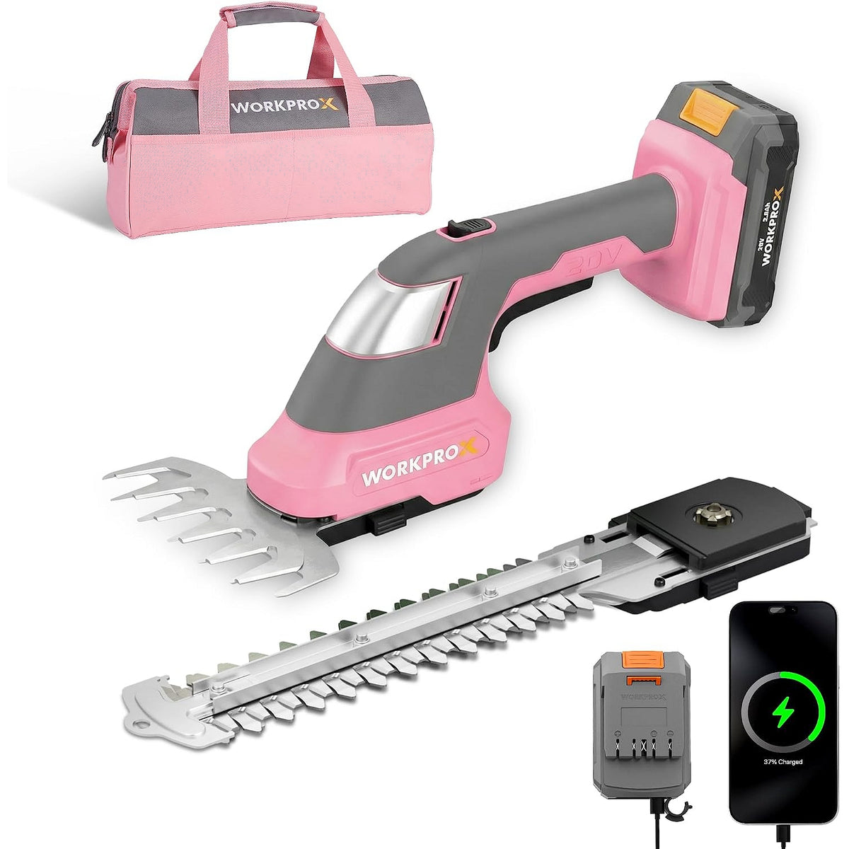 Workprox 20V cordless grass shear and shrubbery trimmer in pink with steel blades for garden trimming.