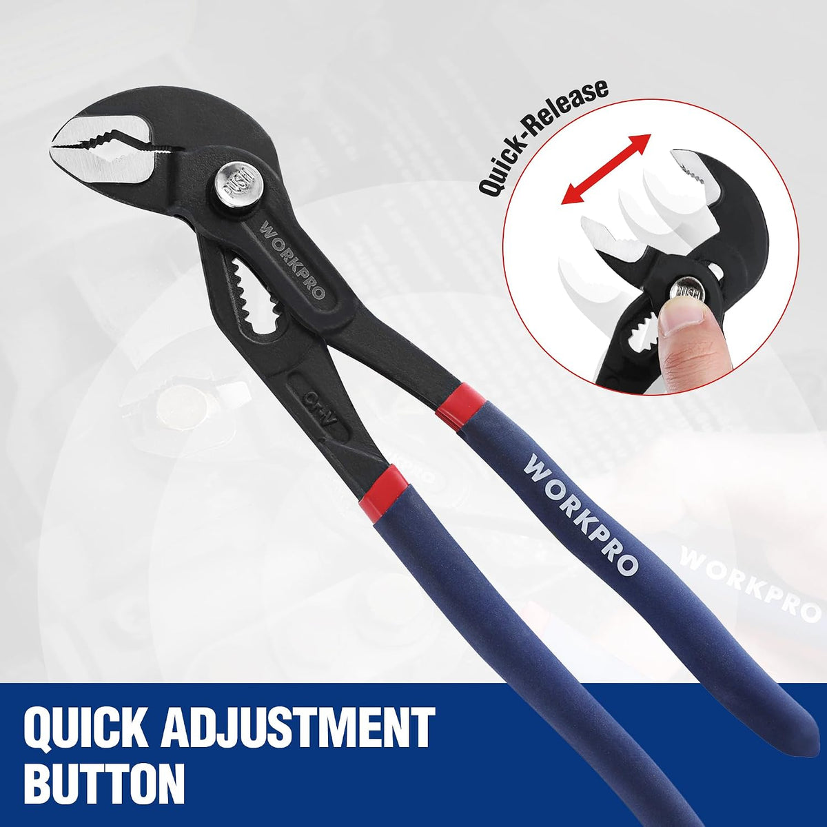 Two blue-handled groove joint pliers with quick-adjustment button