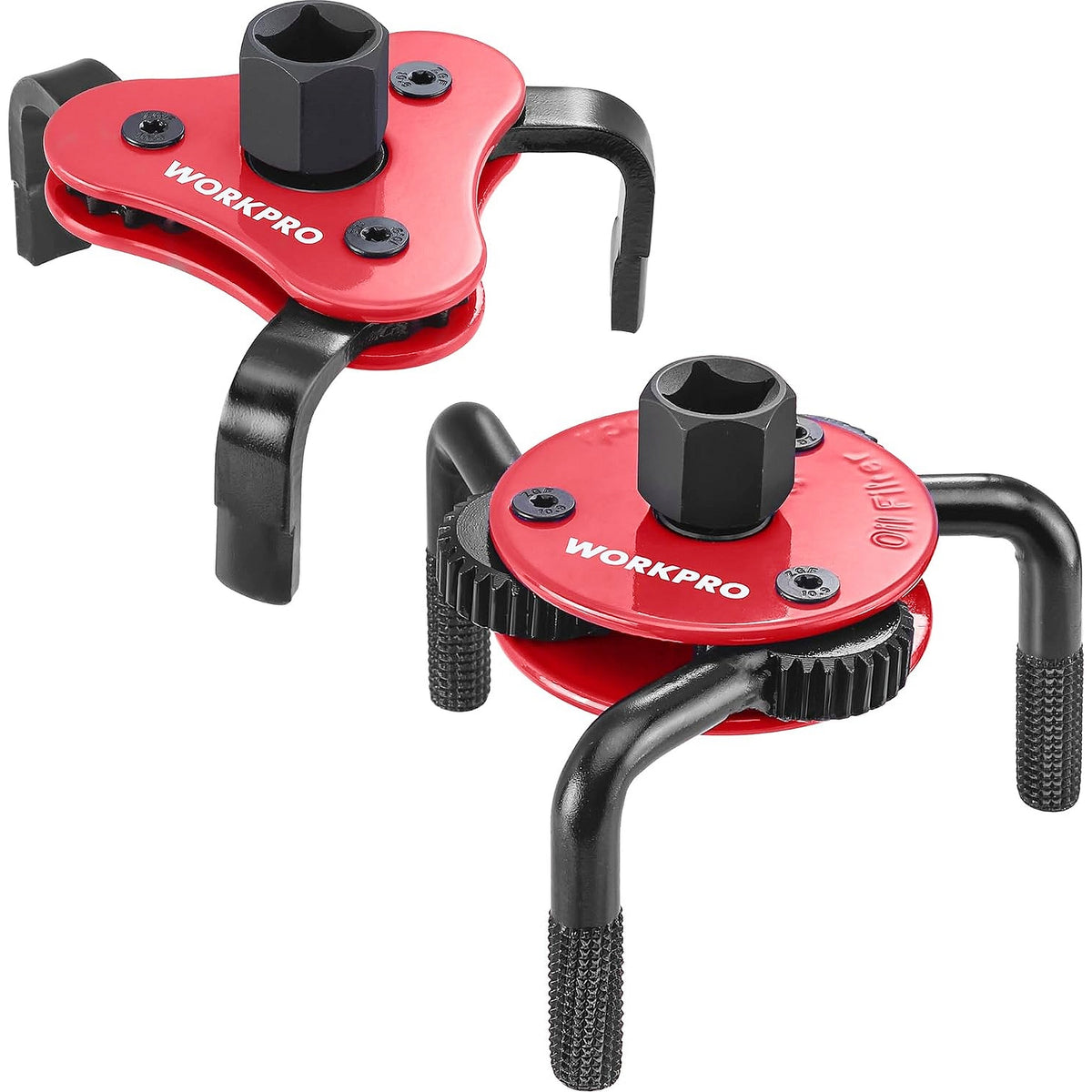 WORKPRO Universal Oil Filter Wrench Adjustable red and black with secure auto-lock design for tight spaces