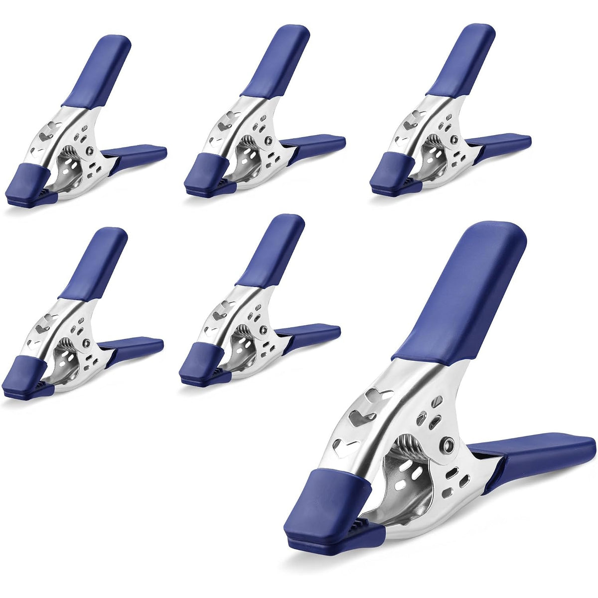 Workpro 6 inch spring clamps, 6 pack, in blue with one-handed ergonomic handles for woodworking and repairs.