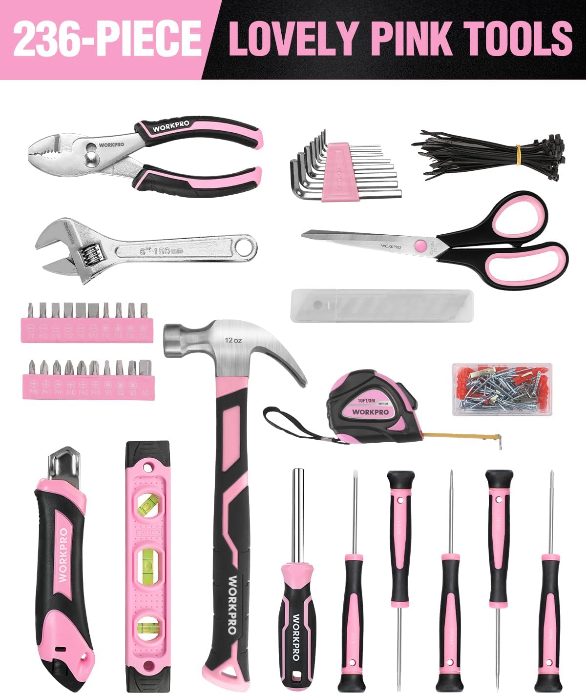 WORKPRO 236 Pcs Pink Tool Kit with Easy Carrying Round Pouch Perfect for DIY Home Maintenance - Pink Ribbon