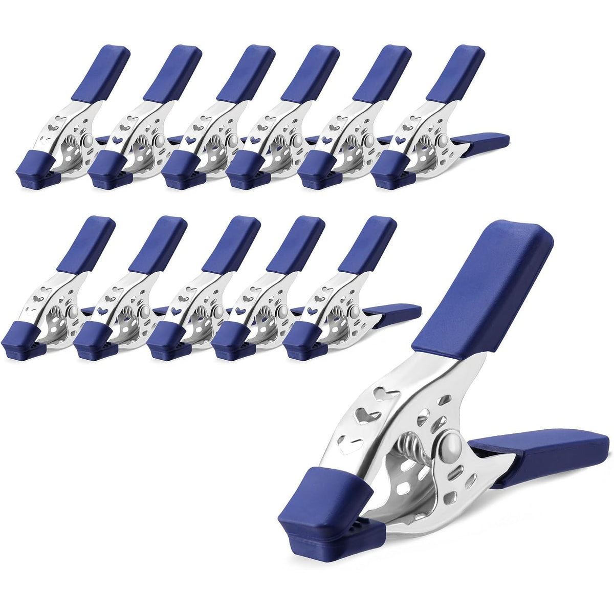 Workpro 4 inch spring clamps, 12 pack with blue handles and ergonomic one hand handles, displayed in rows
