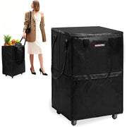 Black rolling grocery tote with foldable sides, tote handles, and four caster wheels.
