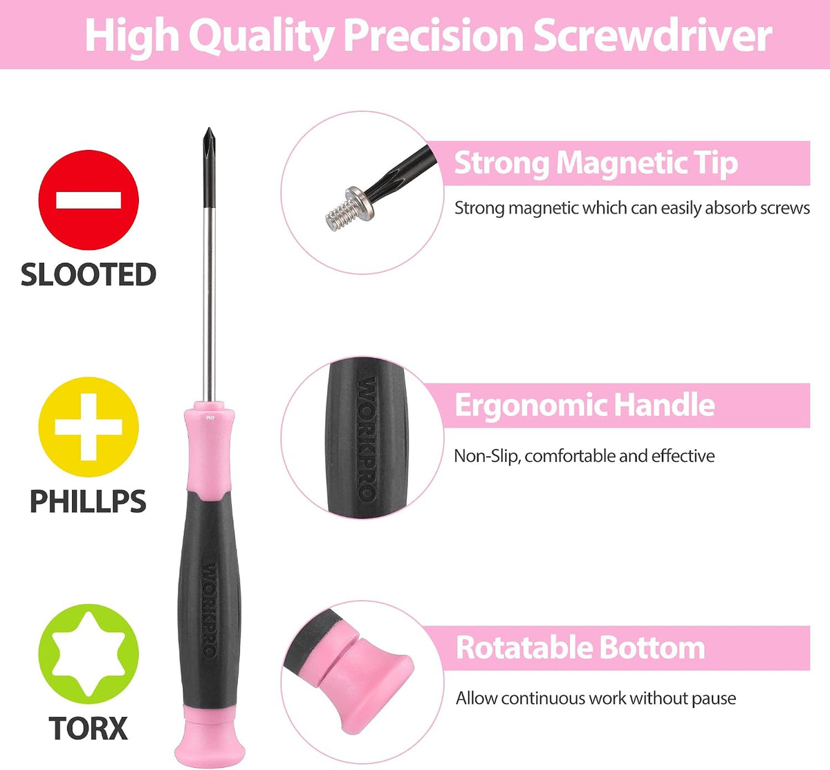 WORKPRO 33 Pcs precision repair tool set with 10 piece screwdriver and pink ergonomic handle, innovation quality