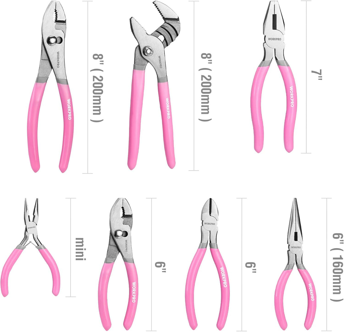 Pink-handled 7-piece pliers set showing multiple plier shapes and size labels