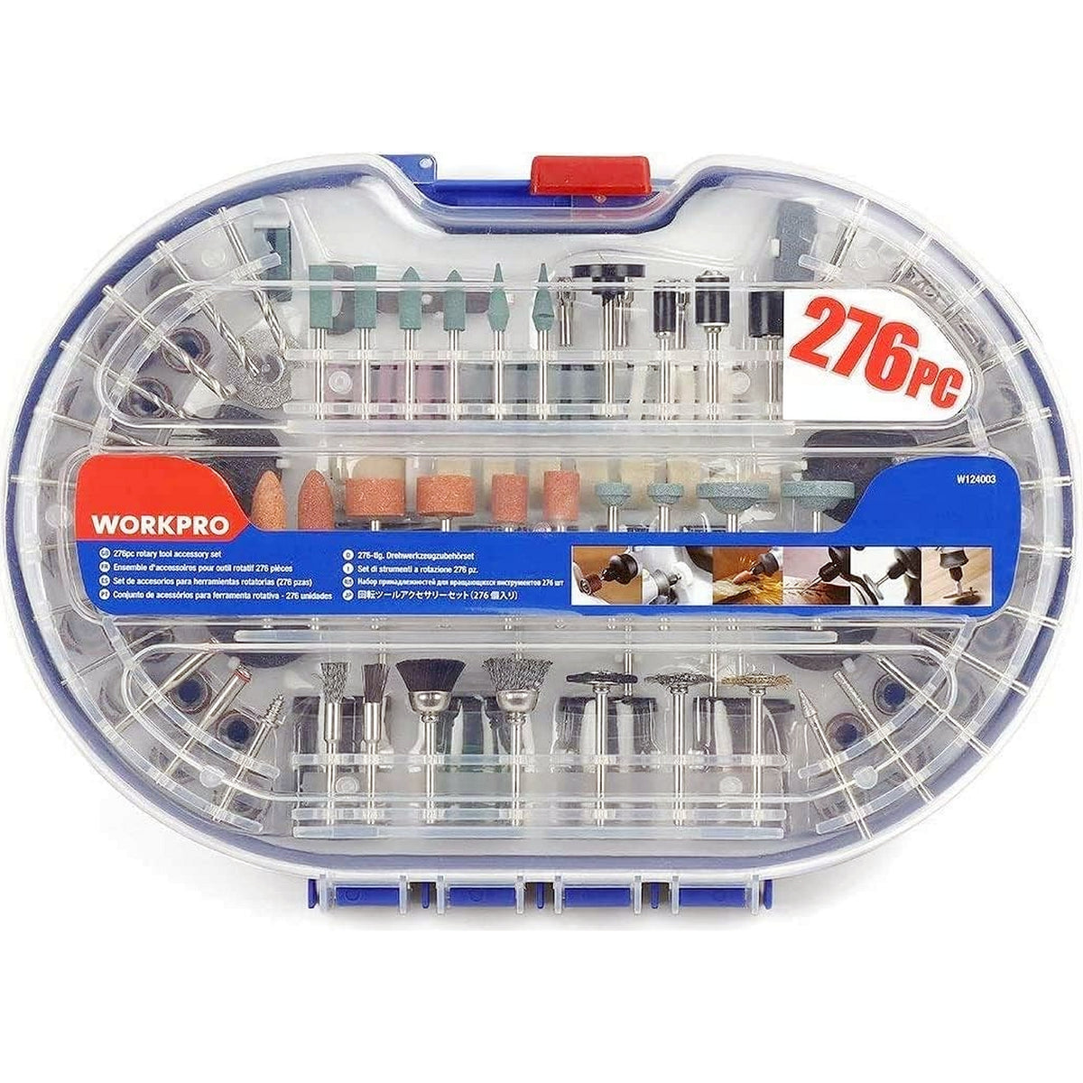 Workpro 276-piece rotary tool accessories kit with a clear reusable storage case and 1/8 inch shanks.
