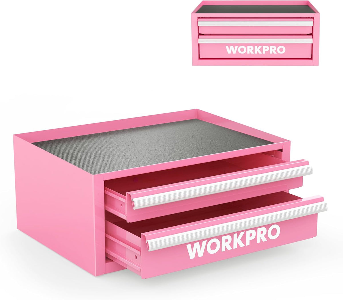 Pink mini metal tool box with open top and two front drawers, WORKPRO logo