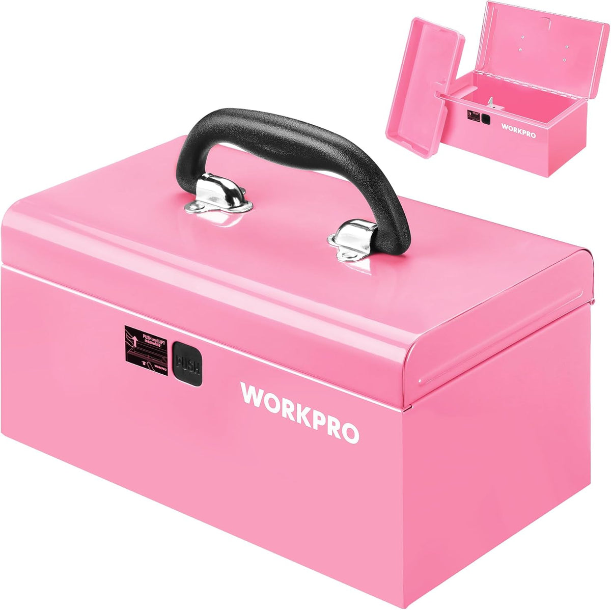 Pink compact metal tool box with black handle and front latch switches.
