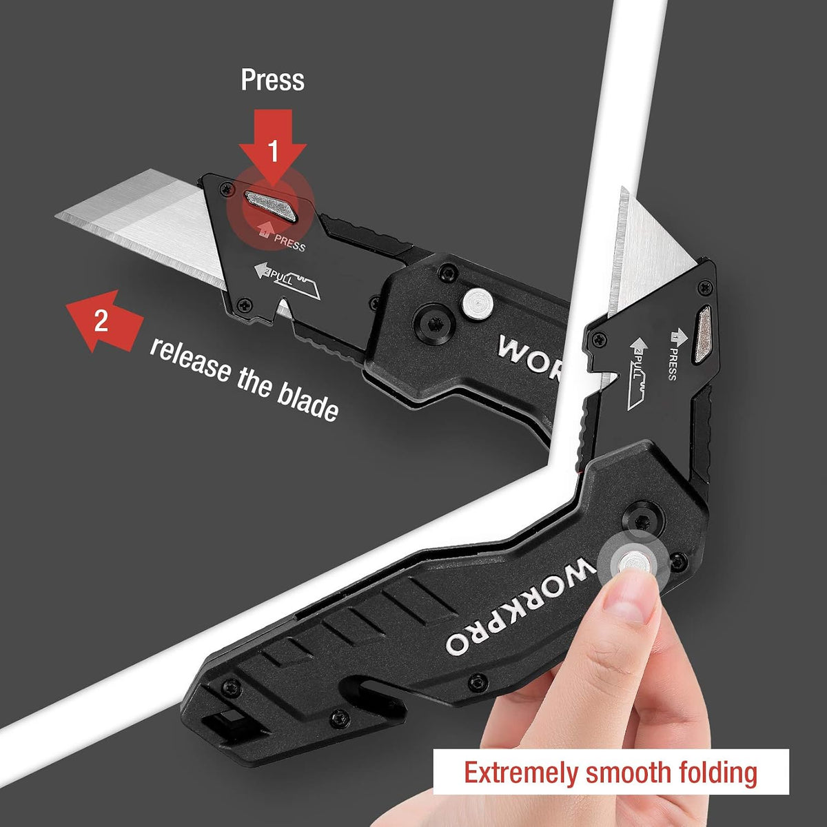 WORKPRO Folding Utility Knife in black with innovation, quality, and secure axis lock for quick blade change
