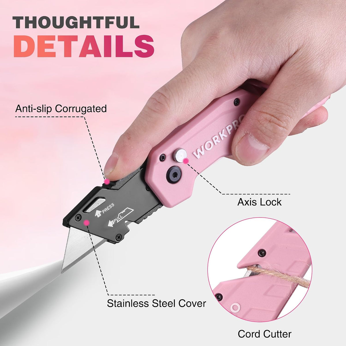 WORKPRO Folding Utility Knife with 10 Extra Blades in pink with innovation quality secure button lock
