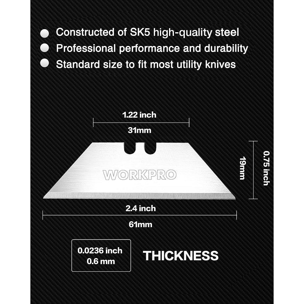 Utility knife blade size and thickness diagram: 61mm length, 0.6mm thick, SK5