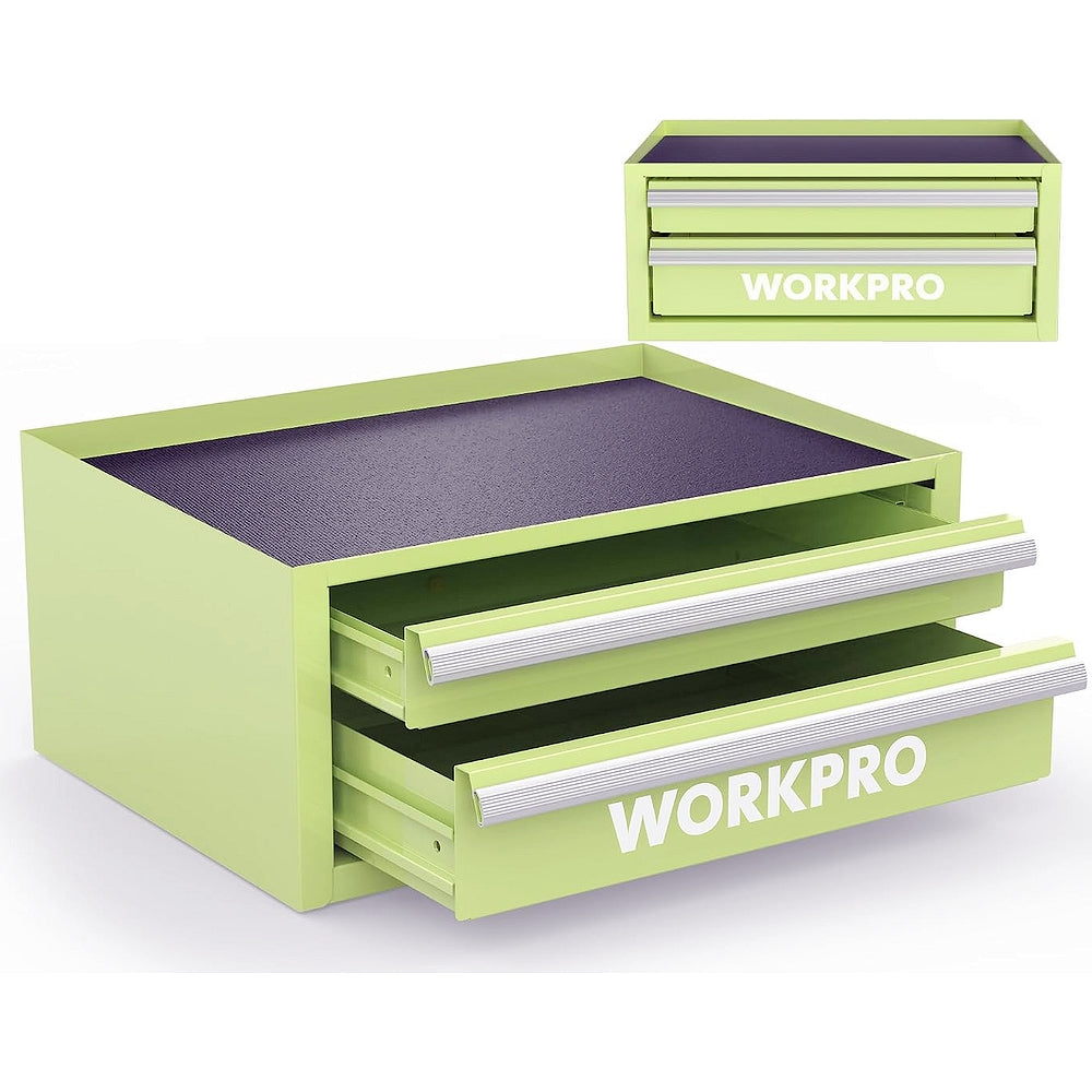Macaron green small metal tool chest with open top tray and two pull-out drawers