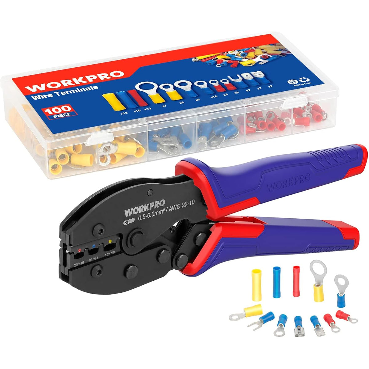 Crimping tool kit with 100-piece terminal connectors in clear storage box and blue-red handles